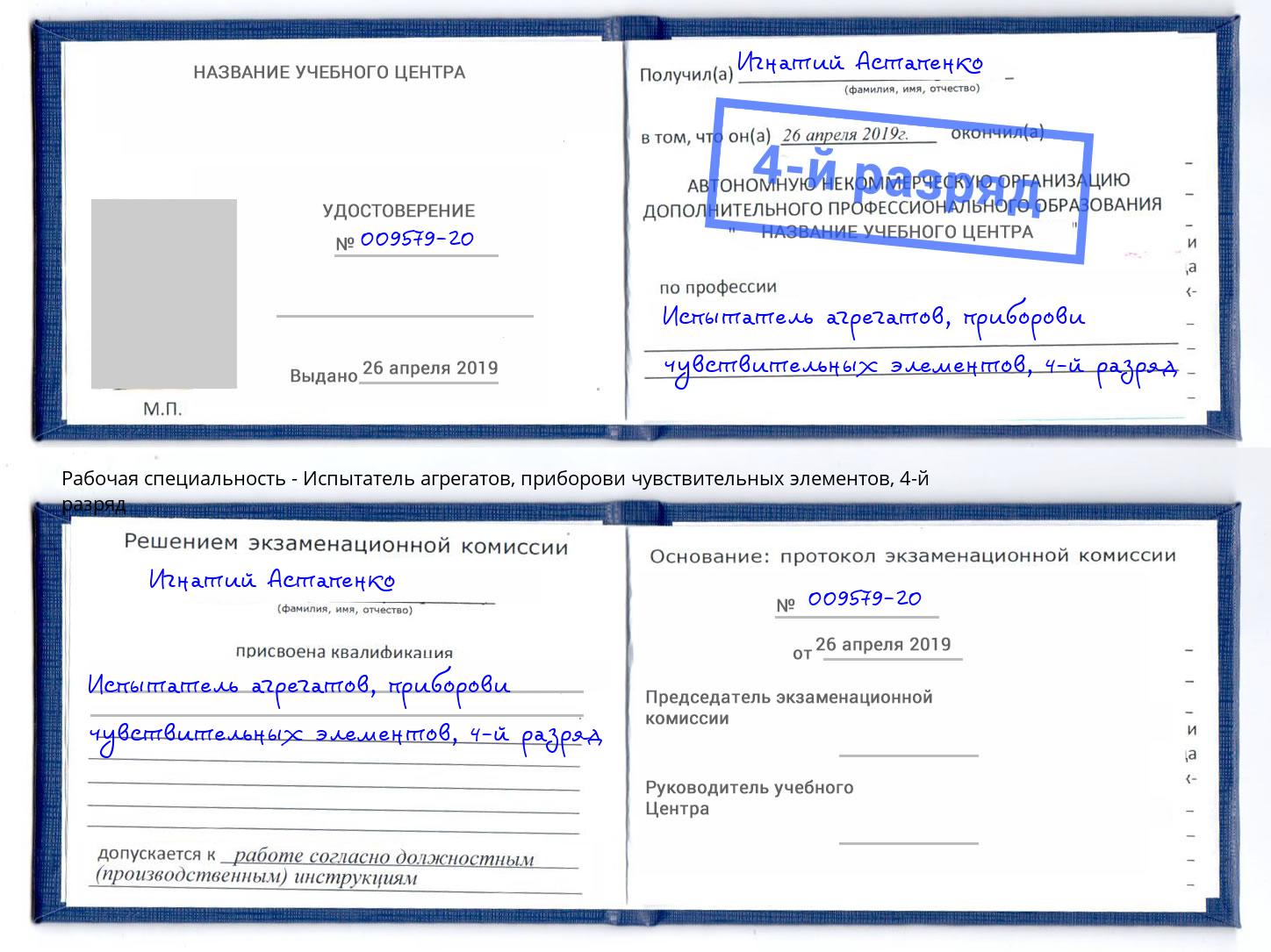 корочка 4-й разряд Испытатель агрегатов, приборови чувствительных элементов Тихвин