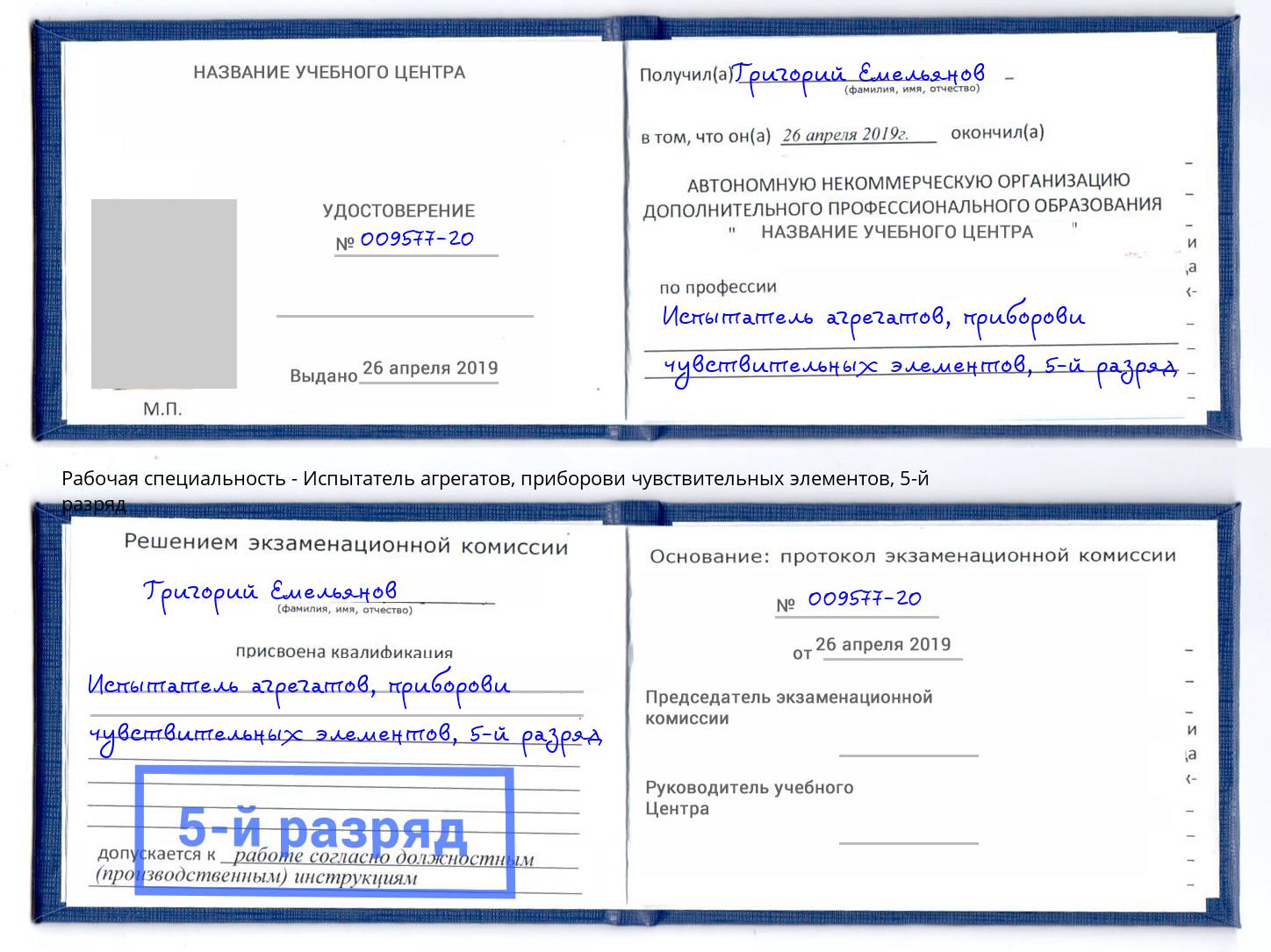 корочка 5-й разряд Испытатель агрегатов, приборови чувствительных элементов Тихвин