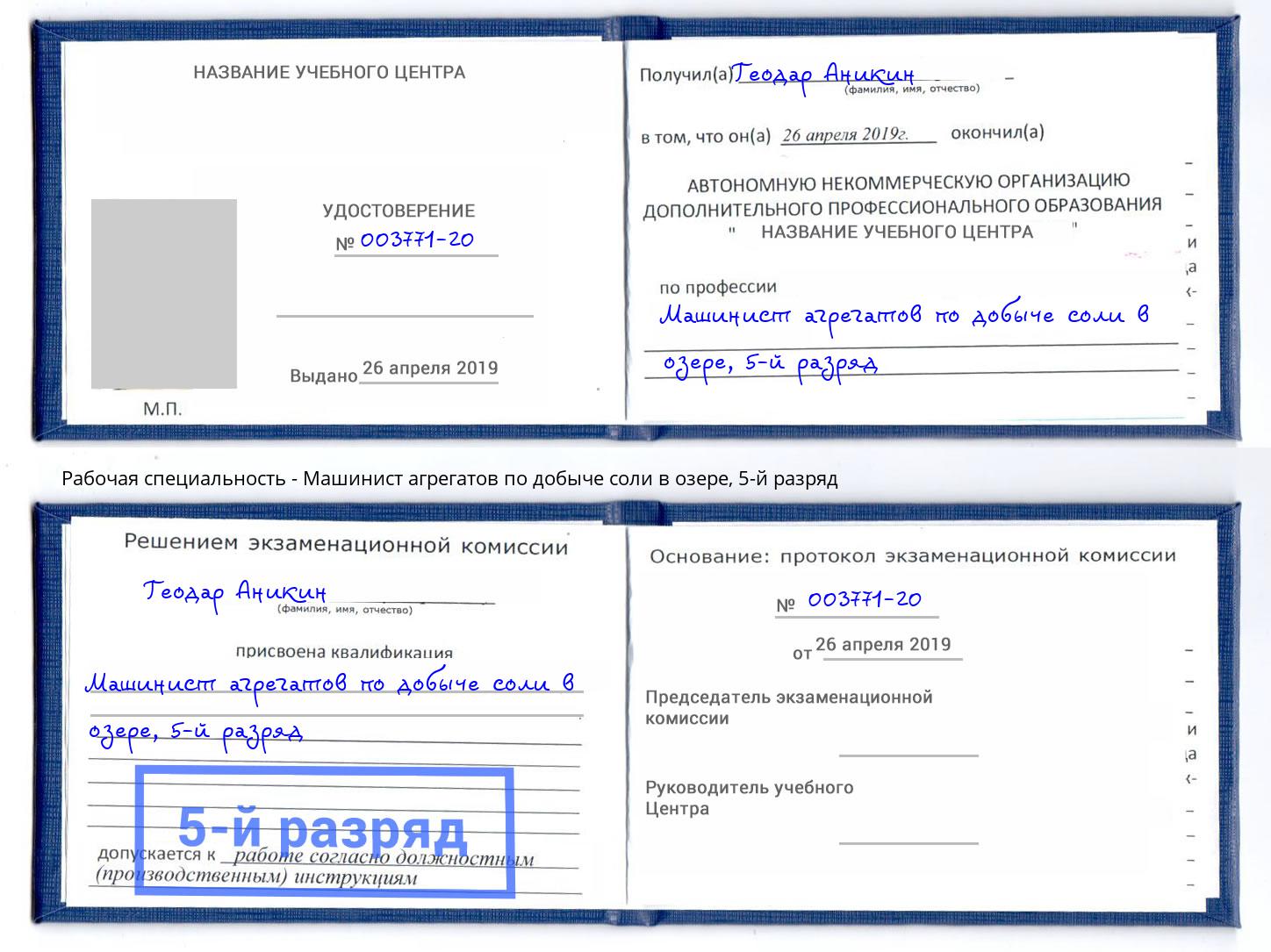 корочка 5-й разряд Машинист агрегатов по добыче соли в озере Тихвин