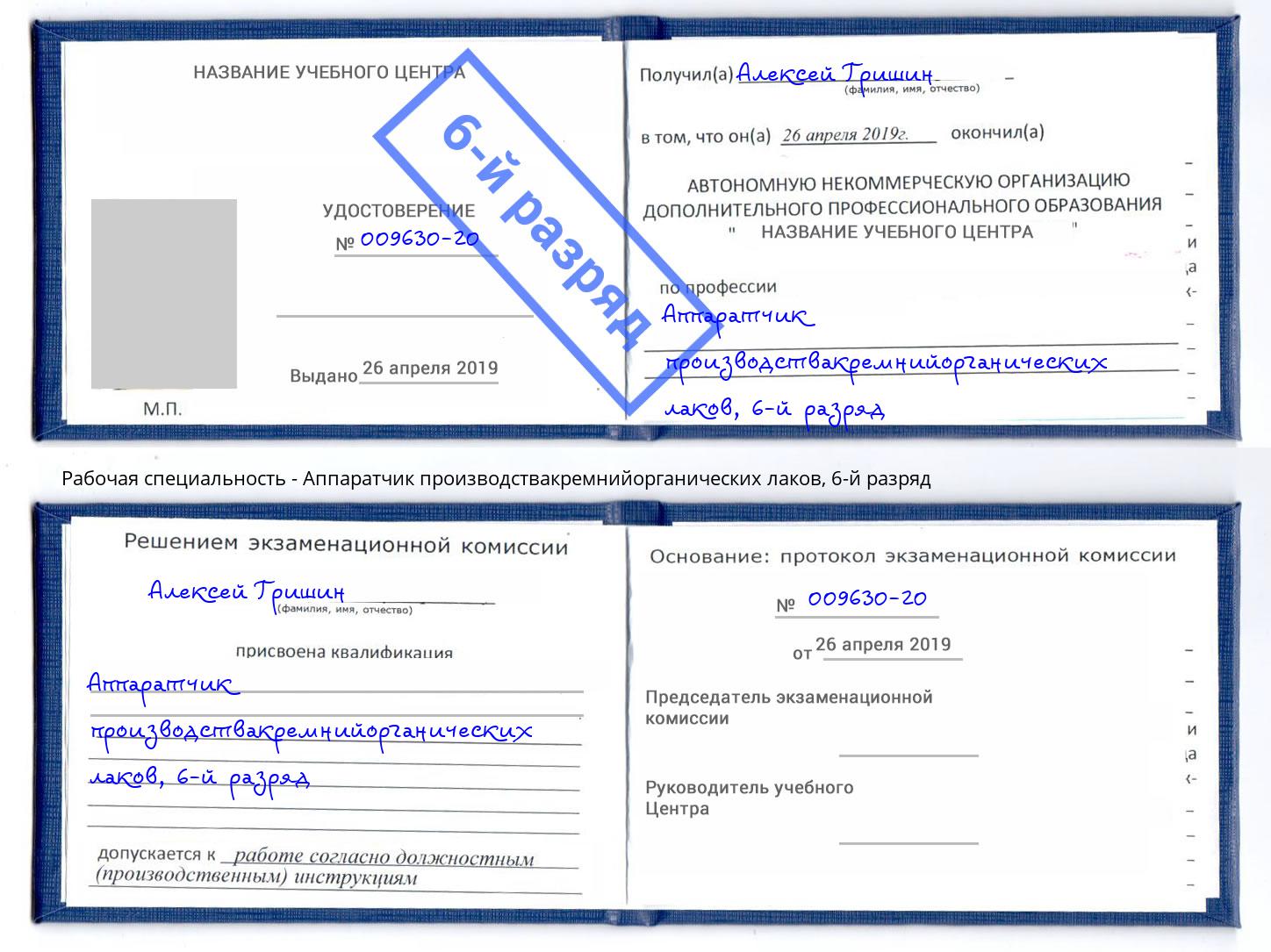 корочка 6-й разряд Аппаратчик производствакремнийорганических лаков Тихвин