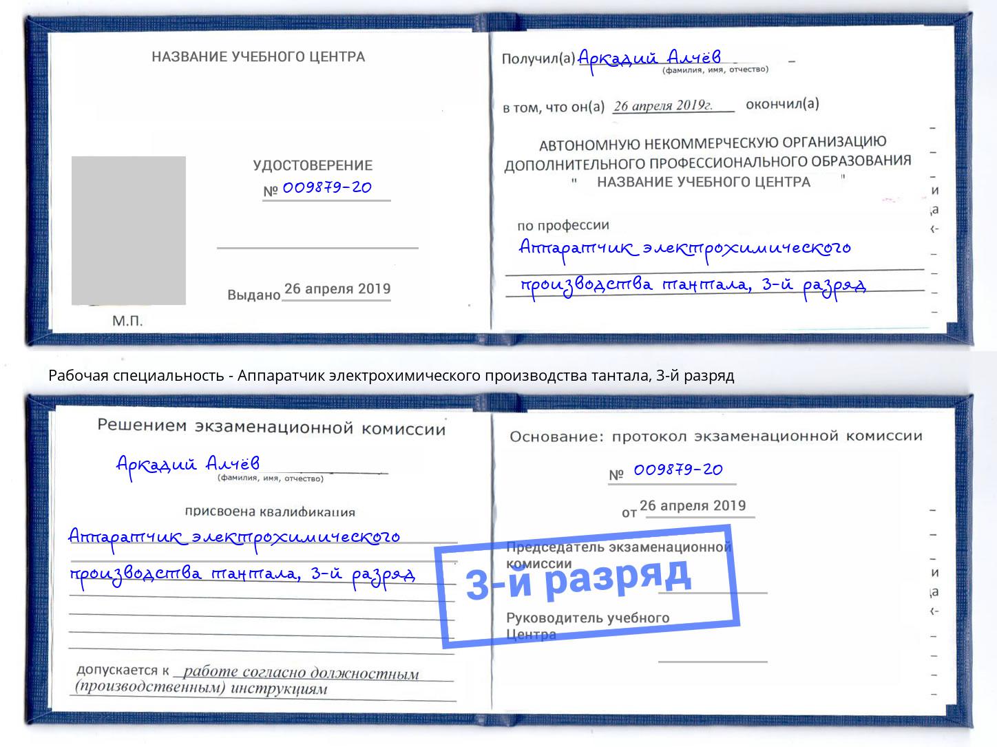 корочка 3-й разряд Аппаратчик электрохимического производства тантала Тихвин