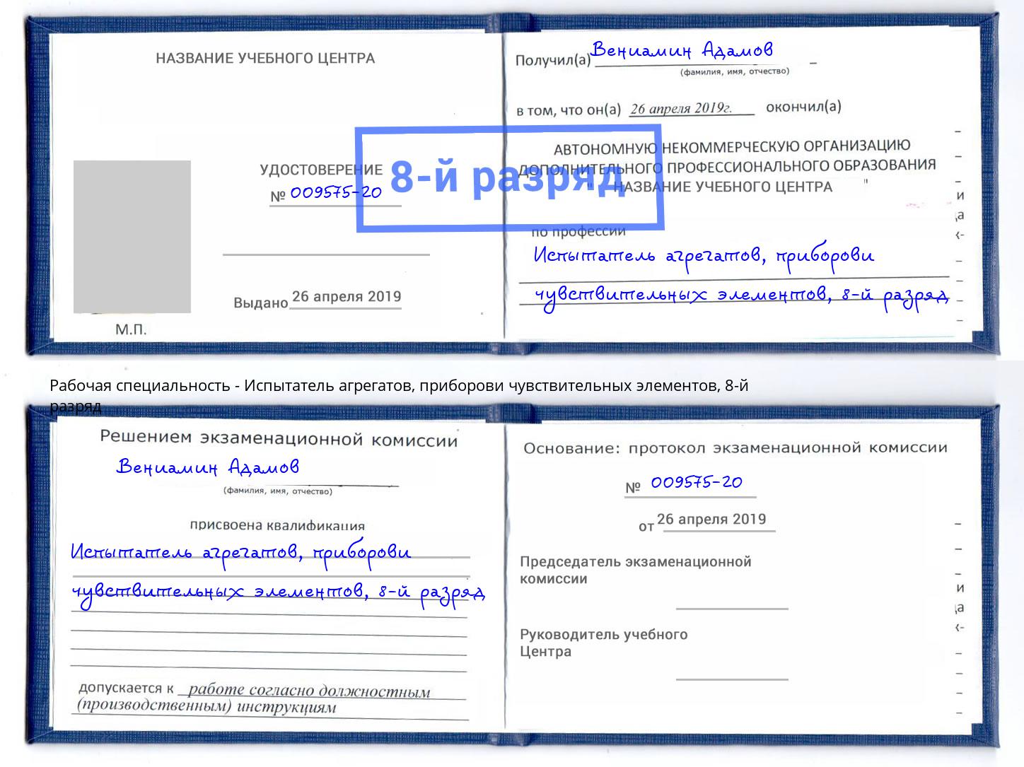 корочка 8-й разряд Испытатель агрегатов, приборови чувствительных элементов Тихвин